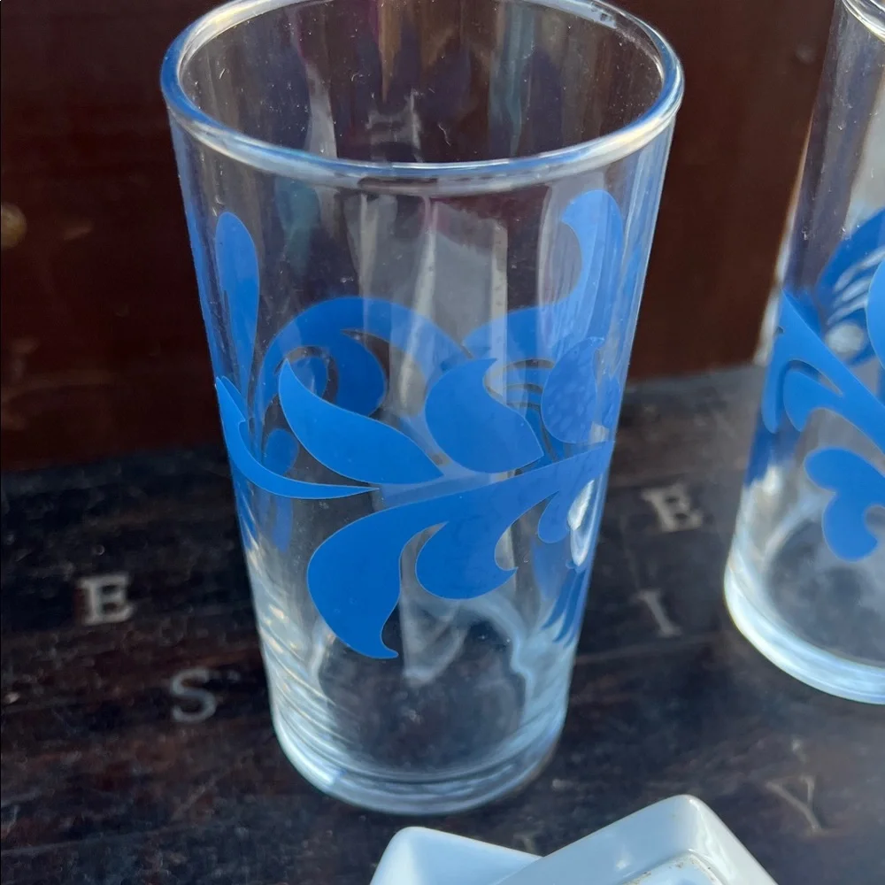 Blue Floral Glass Set with White Ceramic Plates